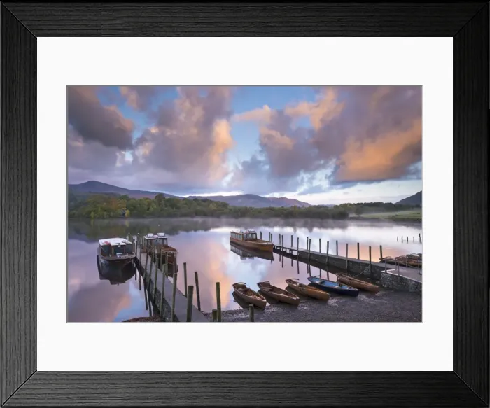 Framed Print : Boats on Derwent Water at sunrise, Keswick, Lake District, Cumbria, England. Autumn Framed Print : Boats on Derwent Water at sunrise, Keswick, Lake District, Cumbria, England. Autumn