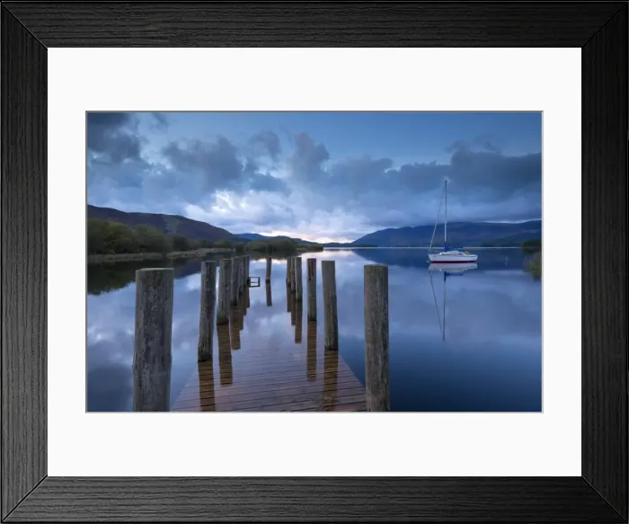 Framed Print : Wooden jetty and yacht on Derwent Water near Lodore, Lake District, Cumbria, England Framed Print : Wooden jetty and yacht on Derwent Water near Lodore, Lake District, Cumbria, England