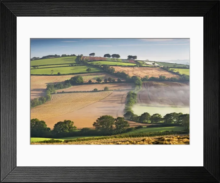 Framed Print : Rolling countryside on a misty morning, mid Devon, England. Autumn (September)