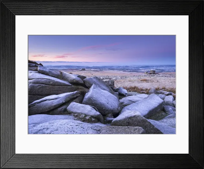 Framed Print : Frost covered granite boulders at Great Staple Tor in Dartmoor National Park, Devon, England