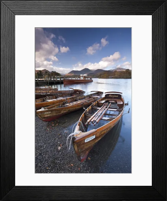 Framed Print : Wooden Rowing Boats on Derwent Water, Keswick, Lake District, Cumbria, England. Autumn