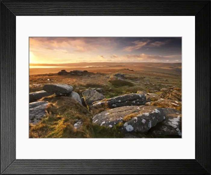 Framed Print : Dawn at Littaford Tor, Dartmoor, Devon, England. Autumn