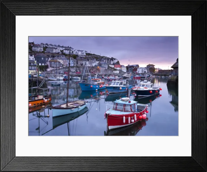 Framed Print : Sunrise over the picturesque harbour at Mevagissey, Cornwall, England. Spring