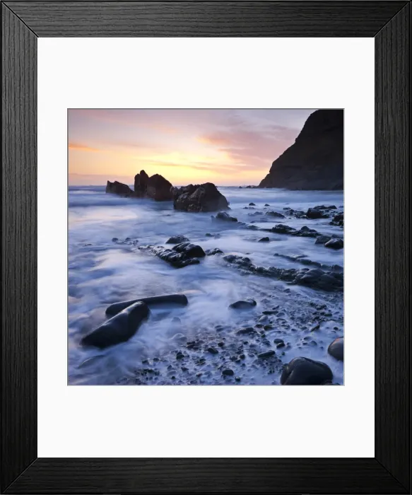 Framed Print : High tide on Duckpool beach at sunset, North Cornwall, England. Spring Framed Print : High tide on Duckpool beach at sunset, North Cornwall, England. Spring