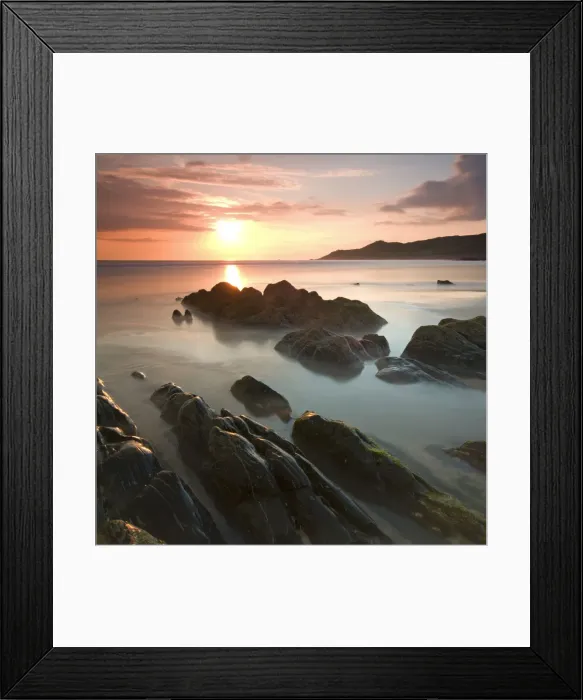 Framed Print : Sunset on Barricane Beach, Woolacombe, Devon, England. Summer Framed Print : Sunset on Barricane Beach, Woolacombe, Devon, England. Summer