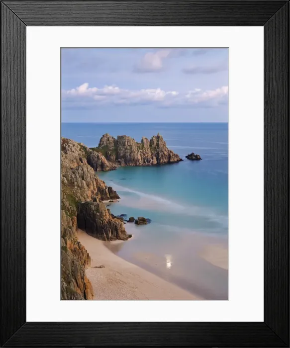 Framed Print : Pednvounder Beach and Logan Rock from the clifftops near Treen, Porthcurno, Cornwall, England Framed Print : Pednvounder Beach and Logan Rock from the clifftops near Treen, Porthcurno, Cornwall, England