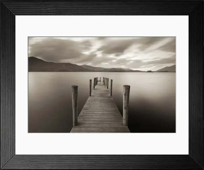 Framed Print : Wooden jetty on Derwent Water in the Lake District, Cumbria, England. Autumn