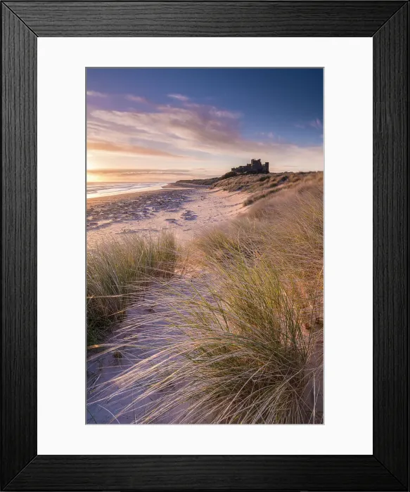 Framed Print : Sunrise over Bamburgh Castle, Northumberland, England. Spring Framed Print : Sunrise over Bamburgh Castle, Northumberland, England. Spring
