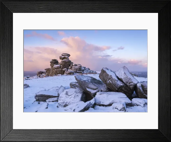Framed Print : Sunrise above covered rocks at Great Staple Tor, Dartmoor, Devon, England. Winter Framed Print : Sunrise above covered rocks at Great Staple Tor, Dartmoor, Devon, England. Winter