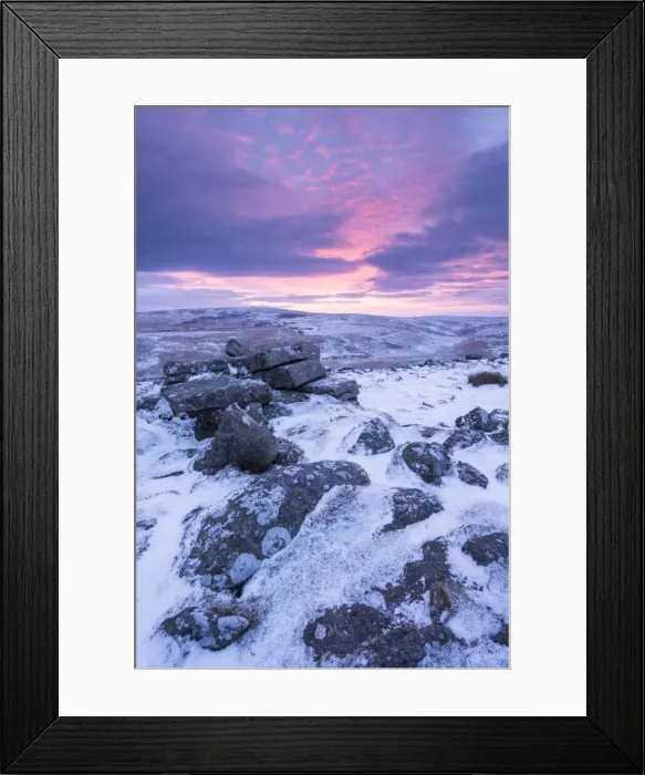 Framed Print : Beautiful sunrise over a frozen snow covered moorland, Belstone Tor, Dartmoor, Devon, England Framed Print : Beautiful sunrise over a frozen snow covered moorland, Belstone Tor, Dartmoor, Devon, England