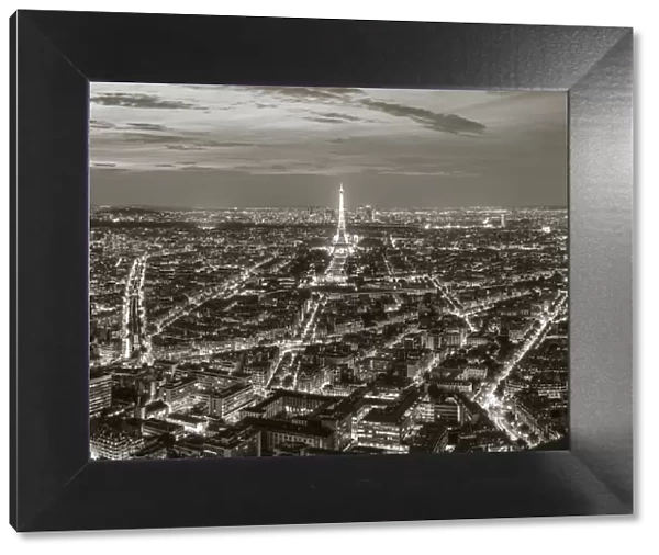 Dusk view over Eiffel Tower & Paris, France