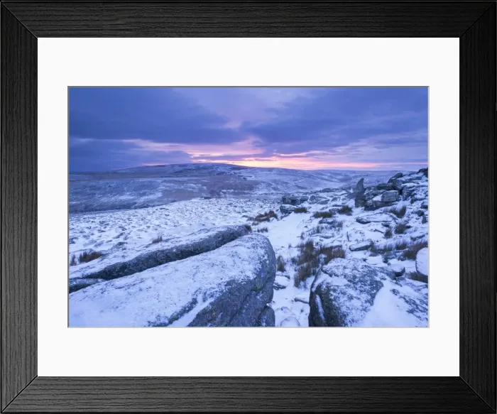 Framed Print : Sunrise above a snow covered moorland, Belstone Tor, Dartmoor National Park, Devon, England Framed Print : Sunrise above a snow covered moorland, Belstone Tor, Dartmoor National Park, Devon, England