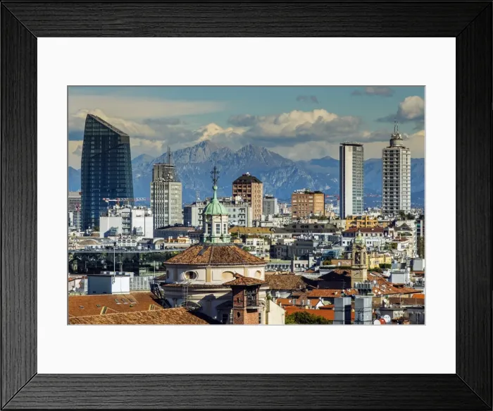 Framed Print : City skyline with the Alps in the background, Milan, Lombardy, Italy Framed Print : City skyline with the Alps in the background, Milan, Lombardy, Italy