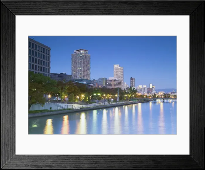 Framed Print : Skyscrapers and park on Nakanoshima island at dusk, Kita, Osaka, Kansai, Japan