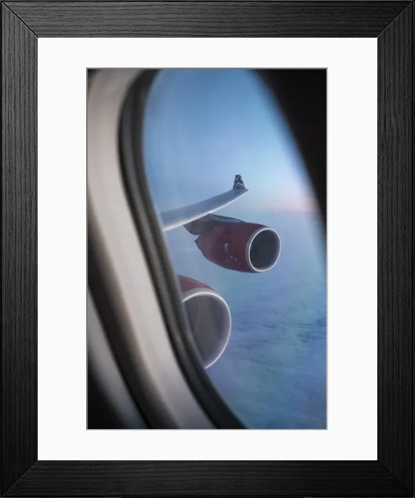 Framed Print : Airbus A340, view out of the window with engine and wing Framed Print : Airbus A340, view out of the window with engine and wing