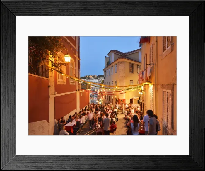 Framed Print : A restaurant in the Calcada do Duque, with a view to the Sao Jorge castle at twilight Framed Print : A restaurant in the Calcada do Duque, with a view to the Sao Jorge castle at twilight