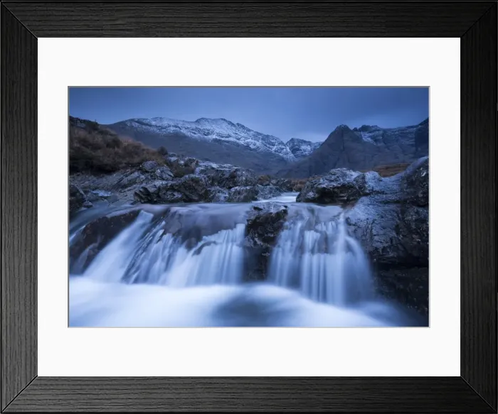 Framed Print : Fairy Pools waterfalls at Glen Brittle, with the snow dusted Cuillin mountains beyond Framed Print : Fairy Pools waterfalls at Glen Brittle, with the snow dusted Cuillin mountains beyond