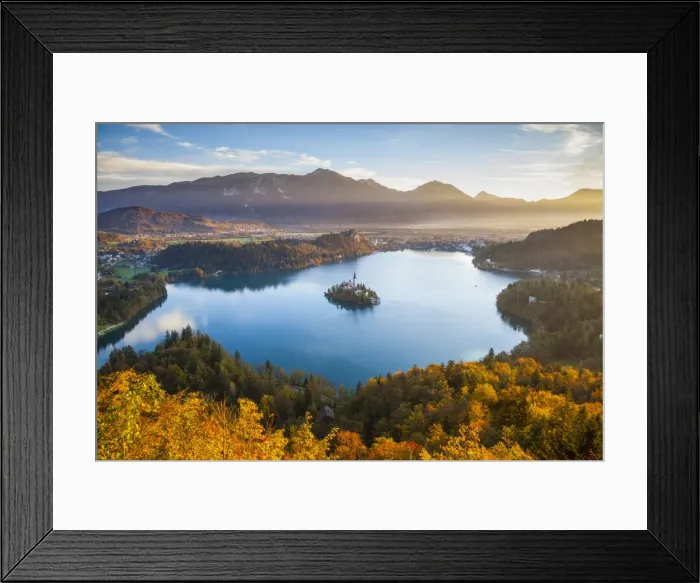 Framed Print : Elevated view over Lake Bled & the Julian Alps illuminated at Sunrise, Lake Bled Framed Print : Elevated view over Lake Bled & the Julian Alps illuminated at Sunrise, Lake Bled