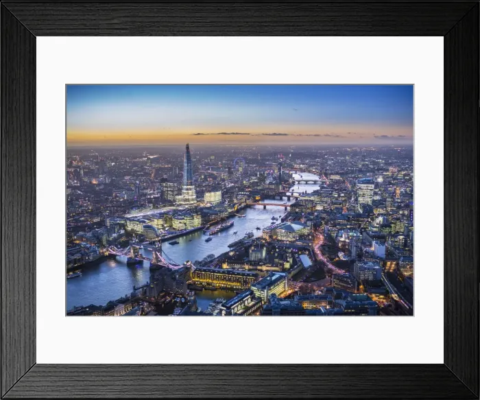 Framed Print : Aerial view of The Shard, River Thames, Tower Bridge and City of London, London, England Framed Print : Aerial view of The Shard, River Thames, Tower Bridge and City of London, London, England