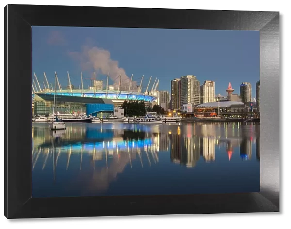 BC Place stadium and downtown skyline behind at sunrise, Vancouver, British Columbia