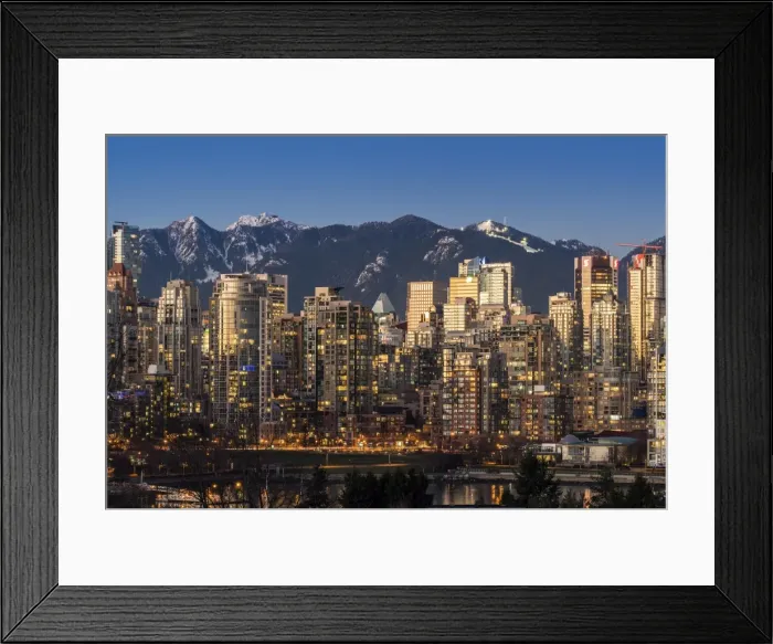 Framed Print : Downtown skyline with snowy mountains behind at dusk, Vancouver, British Columbia, Canada Framed Print : Downtown skyline with snowy mountains behind at dusk, Vancouver, British Columbia, Canada