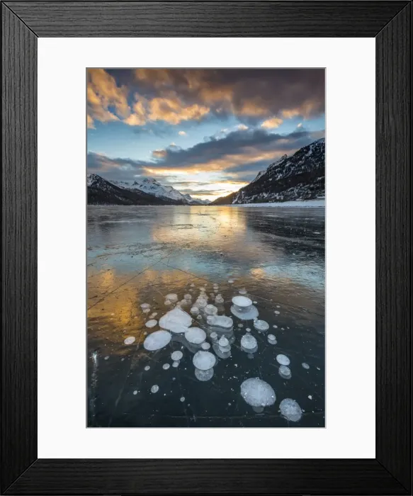 Framed Print : Frozen gas bubbles trapped in the ice at sunset. Silvaplana Lake, Silvaplana, Engadin Framed Print : Frozen gas bubbles trapped in the ice at sunset. Silvaplana Lake, Silvaplana, Engadin