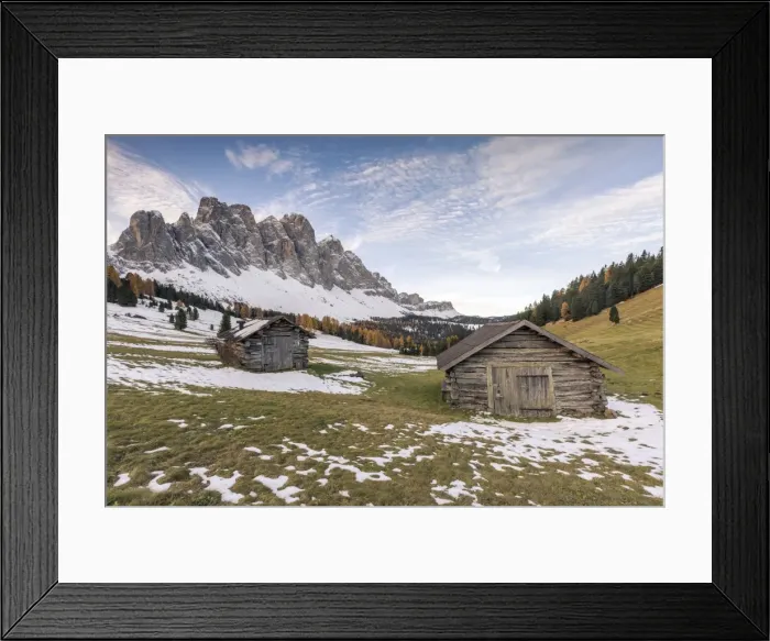 Framed Print : Two wooden lodges and Odle Dolomites. Malga Gampen, Funes, Bolzano, Trentino Alto Adige - Sudtirol Framed Print : Two wooden lodges and Odle Dolomites. Malga Gampen, Funes, Bolzano, Trentino Alto Adige - Sudtirol