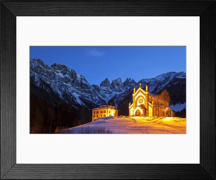 Framed Print : Europe, Italy, Veneto. The parish church of Falcade in the late evening with behind Framed Print : Europe, Italy, Veneto. The parish church of Falcade in the late evening with behind