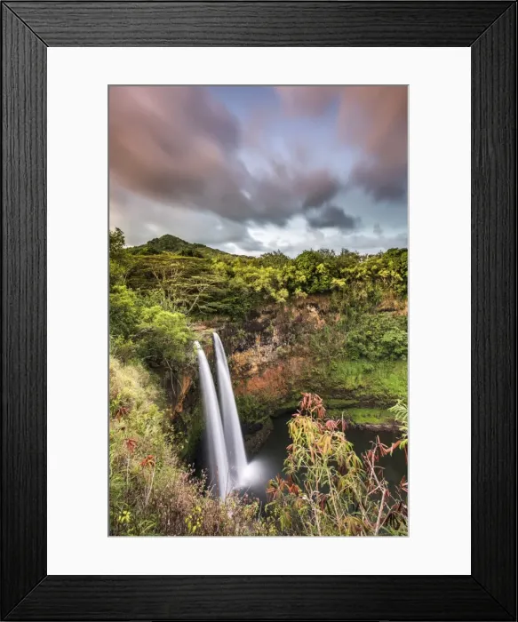 Framed Print : Wailua waterfalls at sunset seen from the lookout, Hawaii, USA Framed Print : Wailua waterfalls at sunset seen from the lookout, Hawaii, USA