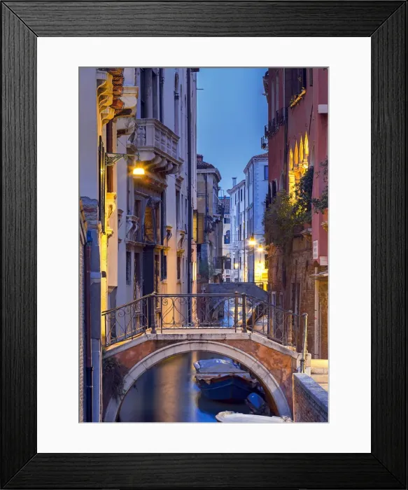 Framed Print : Venice, Veneto, Italy. View over a bridge and a canal at dusk Framed Print : Venice, Veneto, Italy. View over a bridge and a canal at dusk