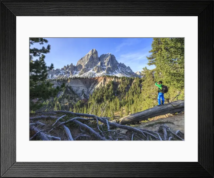 Framed Print : Hiker in the woods admires Sass De Putia Framed Print : Hiker in the woods admires Sass De Putia