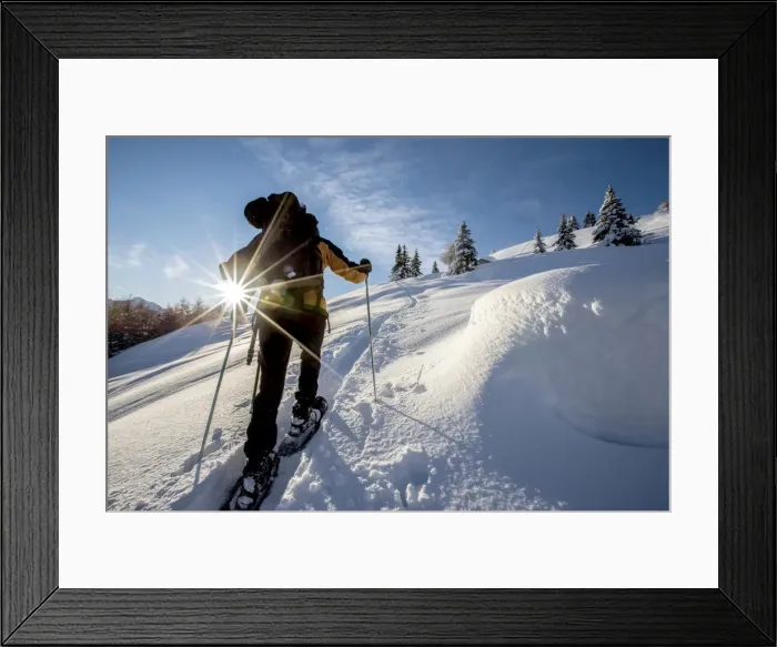 Framed Print : Snowshoe hiker walking in the snowy landscape Gerola Valley Valtellina Orobie Alps Framed Print : Snowshoe hiker walking in the snowy landscape Gerola Valley Valtellina Orobie Alps