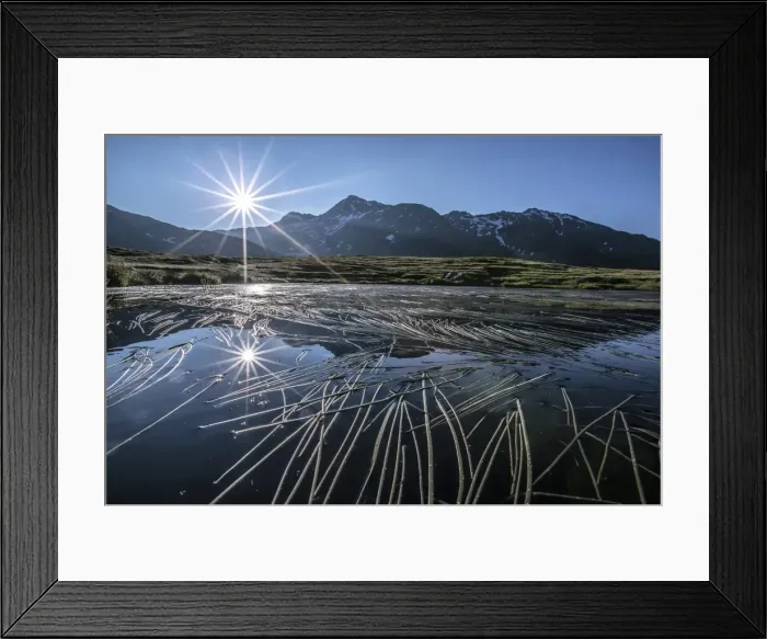 Framed Print : Sun rises on Peak Emet reflected in Lake Andossi Chiavenna Valley Spluga Valley Framed Print : Sun rises on Peak Emet reflected in Lake Andossi Chiavenna Valley Spluga Valley