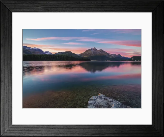 Framed Print : Pink sky at dawn illuminates the peaks reflected in Lake Sils Engadine Canton of Framed Print : Pink sky at dawn illuminates the peaks reflected in Lake Sils Engadine Canton of