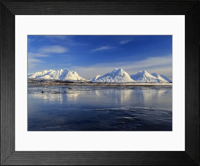 Framed Print : The blue sky and snow capped mountains are reflected in the frozen water Breivikeidet Lyngen Alps Tromsa¸ Lapland Norway Europe Framed Print : The blue sky and snow capped mountains are reflected in the frozen water Breivikeidet Lyngen Alps Tromsa¸ Lapland Norway Europe