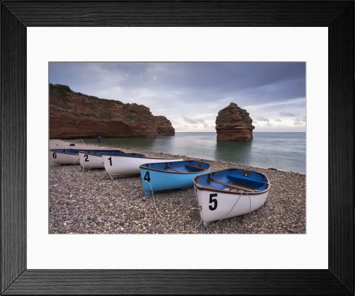 Framed Print : Boats pulled up on the shingle at Ladram Bay on the Jurassic Coast, Devon, England
