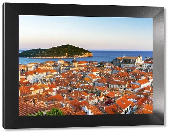 Croatia, Dalmatia, Dubrovnik, Old town, View of the rooftops and island of Lokrum