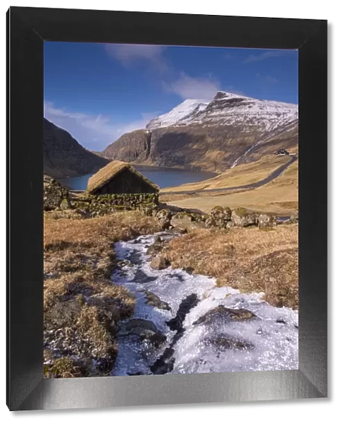 Turf roofed hut in the ancient village of Saksun on the island of Streymoy, Faroe Islands