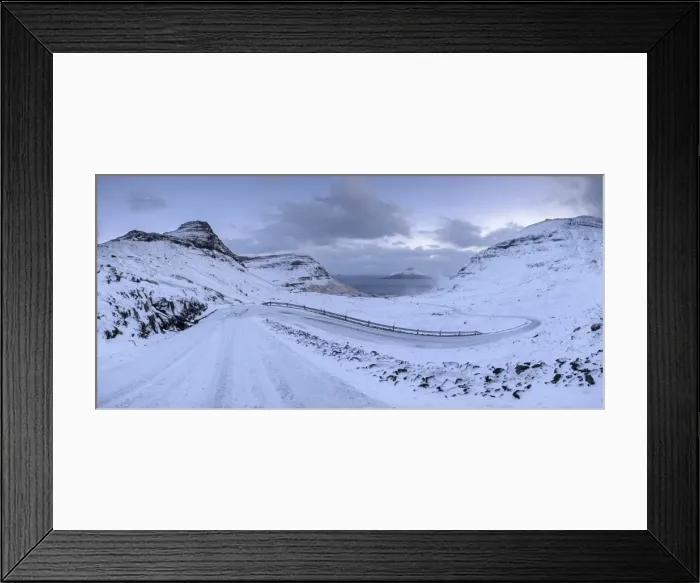 Framed Print : Snow covered mountain road on the Island of Streymoy, Faroe Islands, Denmark, Europe