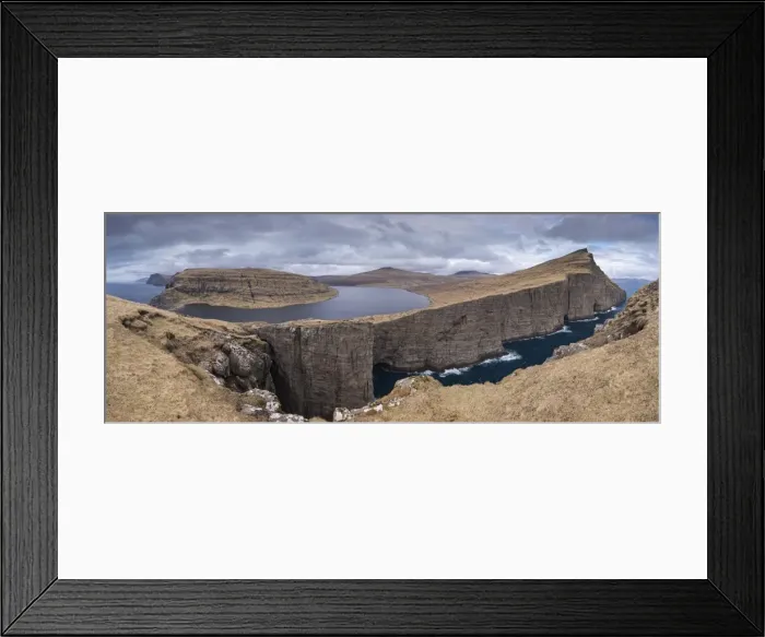 Framed Print : Panorama of the dramatic sea cliffs near Sorvagsvatn lake on the island of Vagar Framed Print : Panorama of the dramatic sea cliffs near Sorvagsvatn lake on the island of Vagar