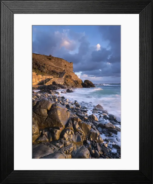 Framed Print : Early morning sunshine at Bamaluz Point, St Ives, Cornwall, England