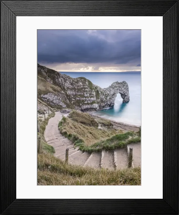 Framed Print : Steps leading down to Durdle Door on the Jurassic Coast, Dorset, England. Autumn Framed Print : Steps leading down to Durdle Door on the Jurassic Coast, Dorset, England. Autumn