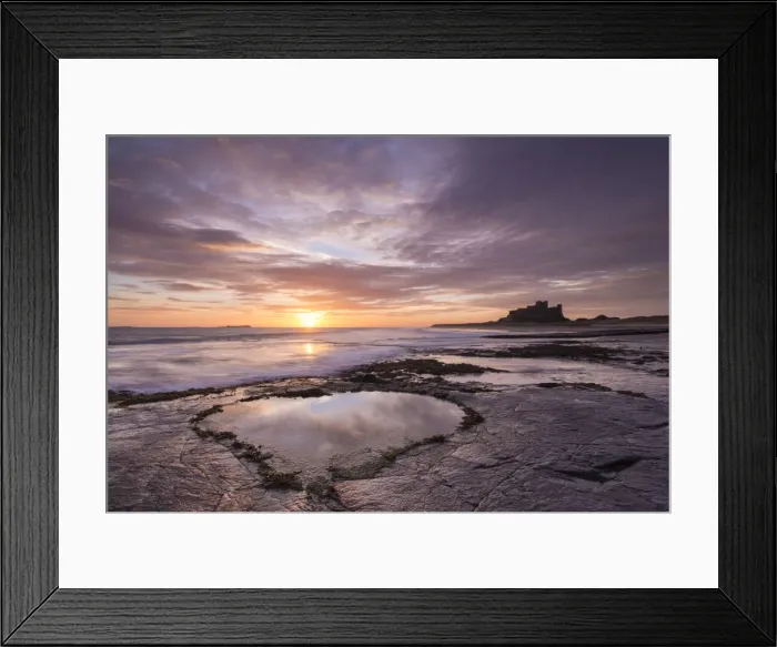 Framed Print : Heart shaped pool on Bamburgh Beach at sunrise, Northumberland, England. Spring Framed Print : Heart shaped pool on Bamburgh Beach at sunrise, Northumberland, England. Spring