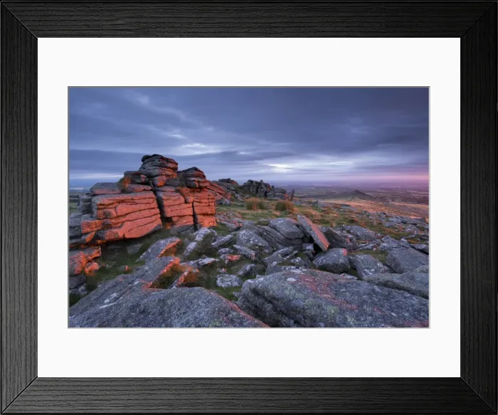 Framed Print : First light at sunrise glows against Belstone Tor, Dartmoor National Park, Devon, England Framed Print : First light at sunrise glows against Belstone Tor, Dartmoor National Park, Devon, England