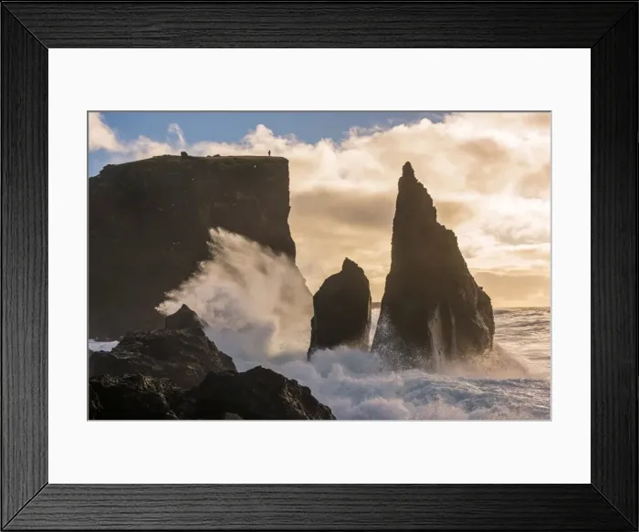 Framed Print : Reykjanes peninsula, Iceland, Europe. Human figure on top of a high cliff with stormy ocean waves Framed Print : Reykjanes peninsula, Iceland, Europe. Human figure on top of a high cliff with stormy ocean waves