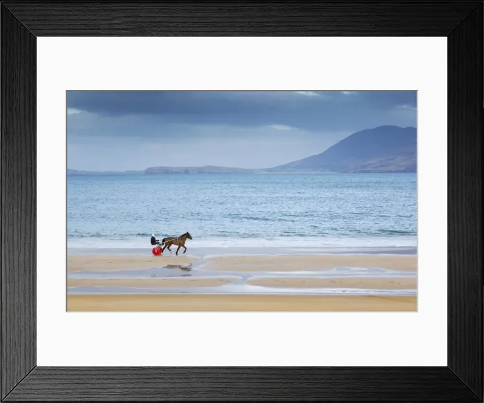 Framed Print : Ireland, Co. Donegal, Fanad, Ballymastoker bay, Man sitting on horse drawn sulky on beach