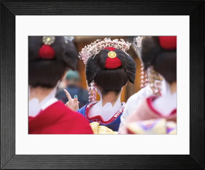 Framed Print : Women dressed in traditional geisha dress & woman pointing, Kyoto, Japan Framed Print : Women dressed in traditional geisha dress & woman pointing, Kyoto, Japan