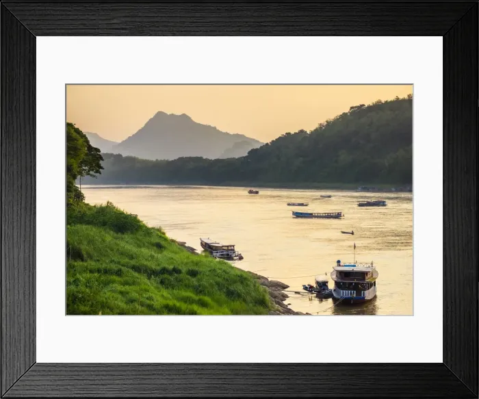 Framed Print : Boats on the Mekong River in late afternoon, Luang Prabang, Louangphabang Province, Laos Framed Print : Boats on the Mekong River in late afternoon, Luang Prabang, Louangphabang Province, Laos