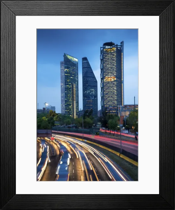 Framed Print : Mexico, Mexico City, Traffic Passes By Mexico Citys Three Towers, Tallest Skyscrapers In The City