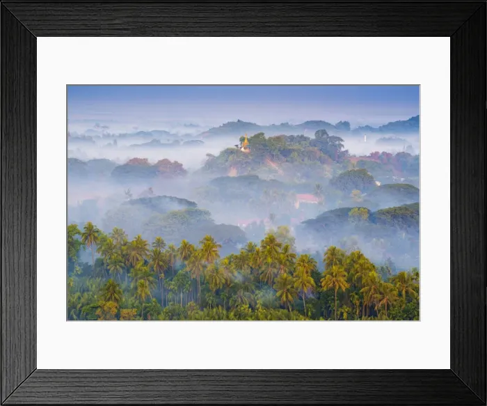 Framed Print : Mrauk-U, Rakhine state, Myanmar. Mrauk-U valley in a foggy sunrise seen from Framed Print : Mrauk-U, Rakhine state, Myanmar. Mrauk-U valley in a foggy sunrise seen from